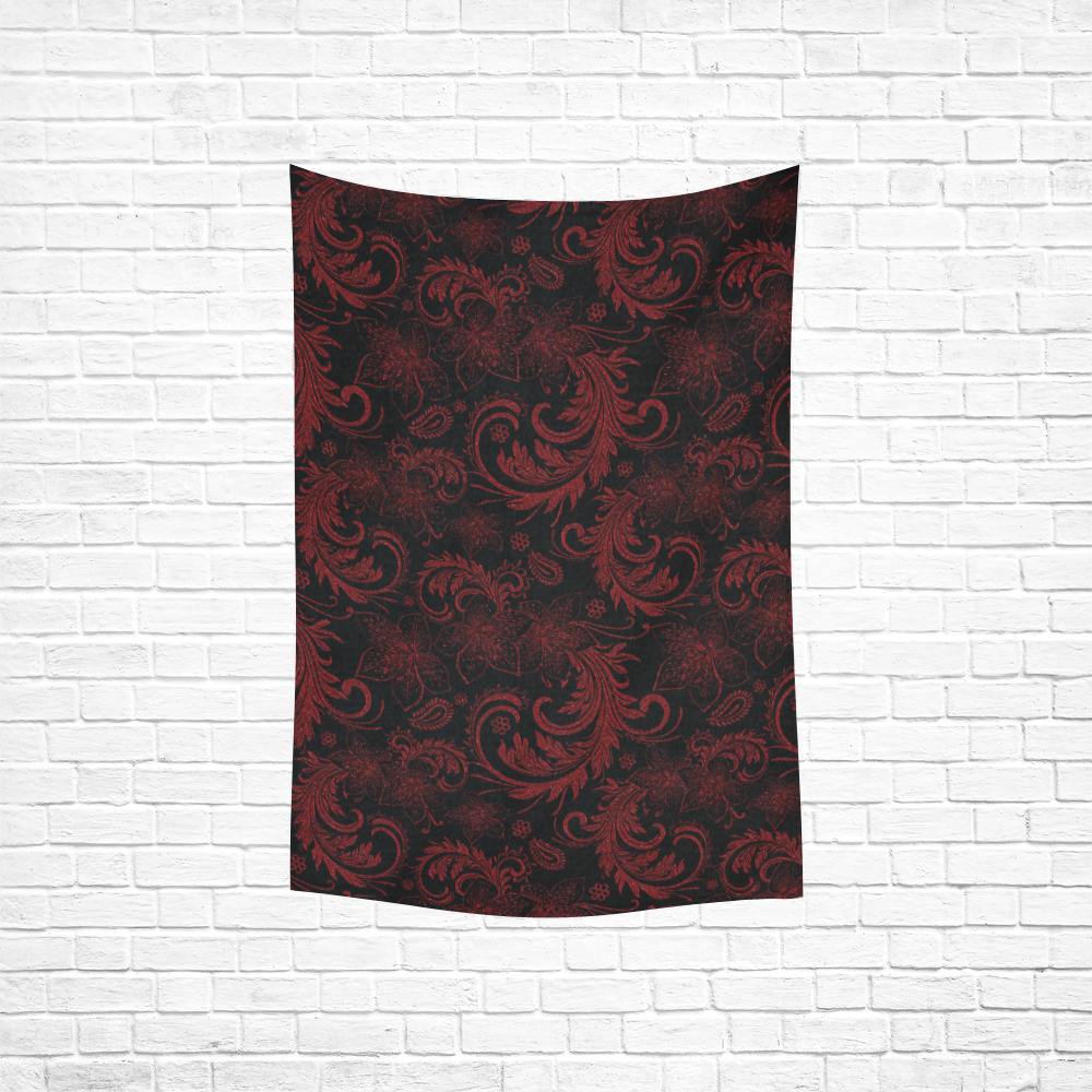 Elegant vintage flourish damasks in  black and red Cotton Linen Wall Tapestry 40"x 60"