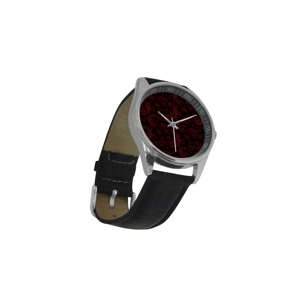 Elegant vintage flourish damasks in  black and red Men's Casual Leather Strap Watch(Model 211)