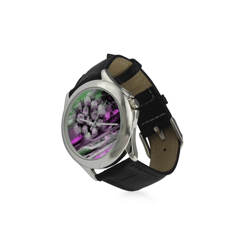Sea and roses in purple Women's Classic Leather Strap Watch(Model 203)