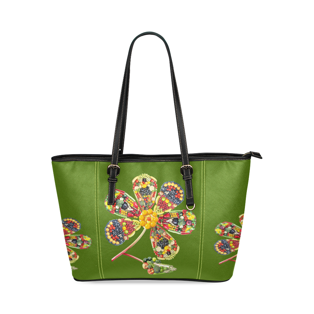 POWER FLOWER Fruits Vegetables Vegan Think Green Leather Tote Bag/Small (Model 1640)