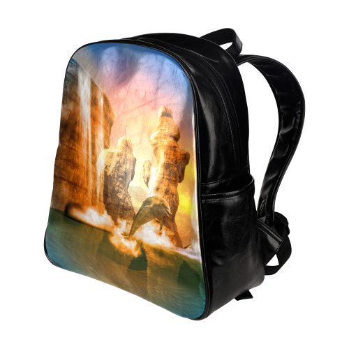 Funny dolphin jumping in the sunset Multi-Pockets Backpack (Model 1636)