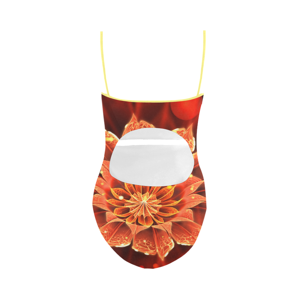 (Yellow String) Red Dahlia Fractal Flower with Beautiful Bokeh Strap Swimsuit ( Model S05)