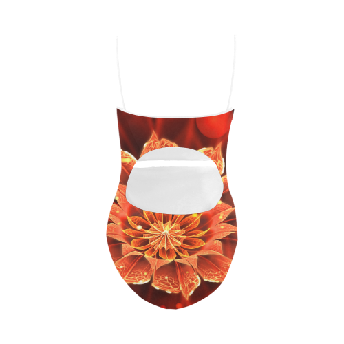 (White String) Red Dahlia Fractal Flower with Beautiful Bokeh Strap Swimsuit ( Model S05)