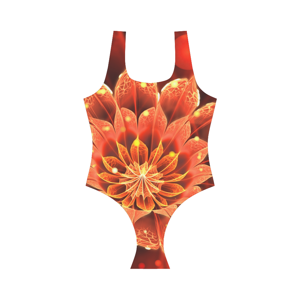 (Red String) Red Dahlia Fractal Flower with Beautiful Bokeh Vest One Piece Swimsuit (Model S04)