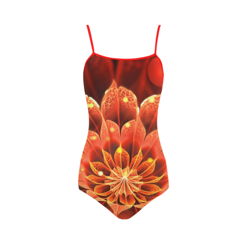 (Red String) Red Dahlia Fractal Flower with Beautiful Bokeh Strap Swimsuit ( Model S05)