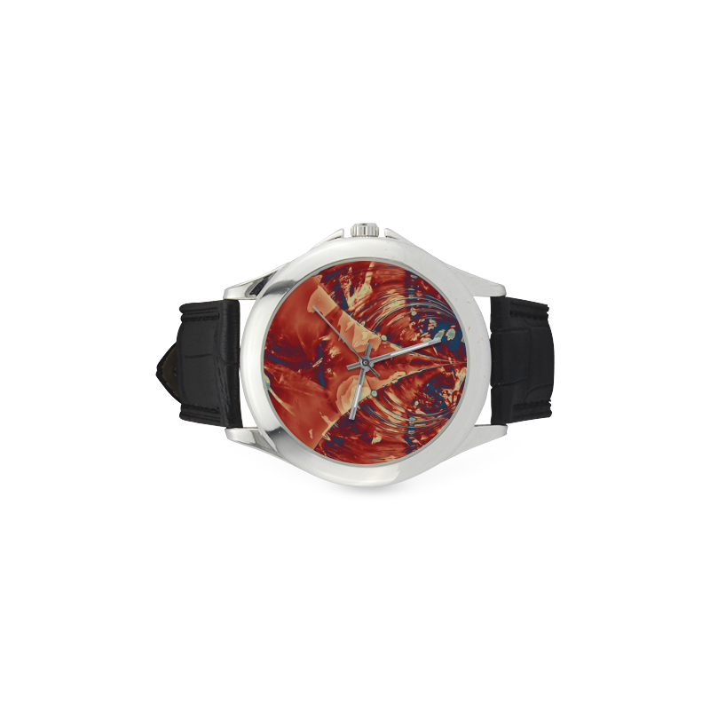 Abstract Fractal Painting - dark red blue beige Women's Classic Leather Strap Watch(Model 203)