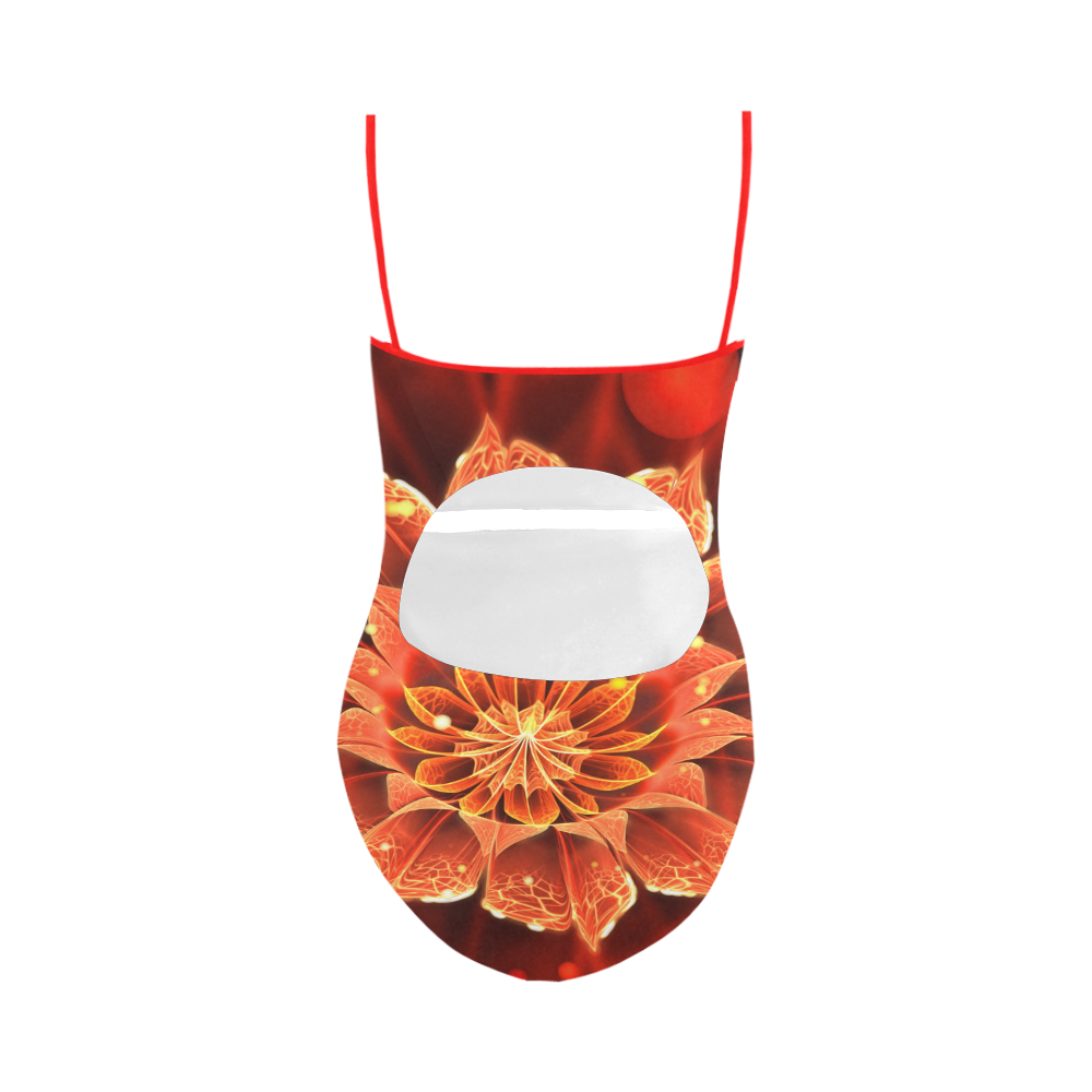 (Red String) Red Dahlia Fractal Flower with Beautiful Bokeh Strap Swimsuit ( Model S05)