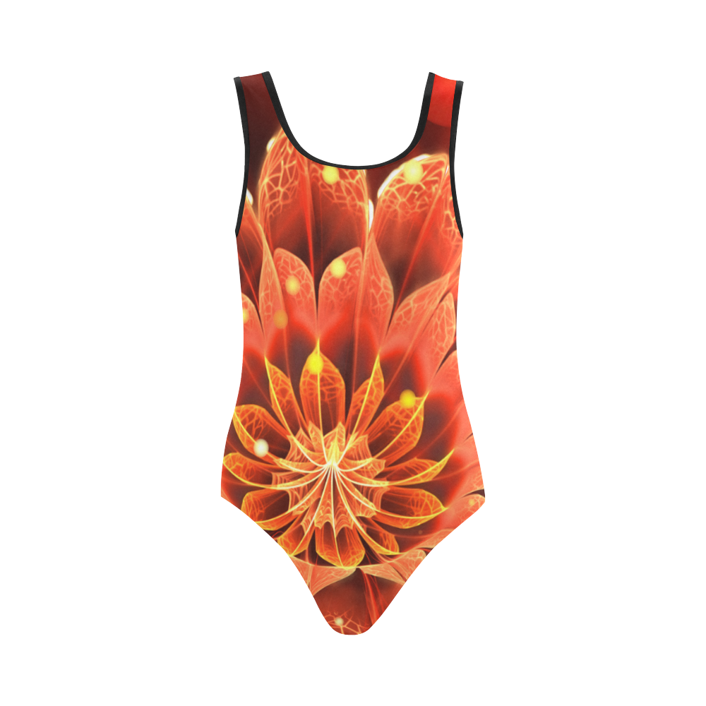(Black String) Red Dahlia Fractal Flower with Beautiful Bokeh Vest One Piece Swimsuit (Model S04)