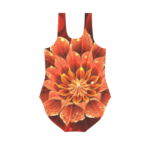 (Orange String) Red Dahlia Fractal Flower with Beautiful Bokeh Vest One Piece Swimsuit (Model S04)