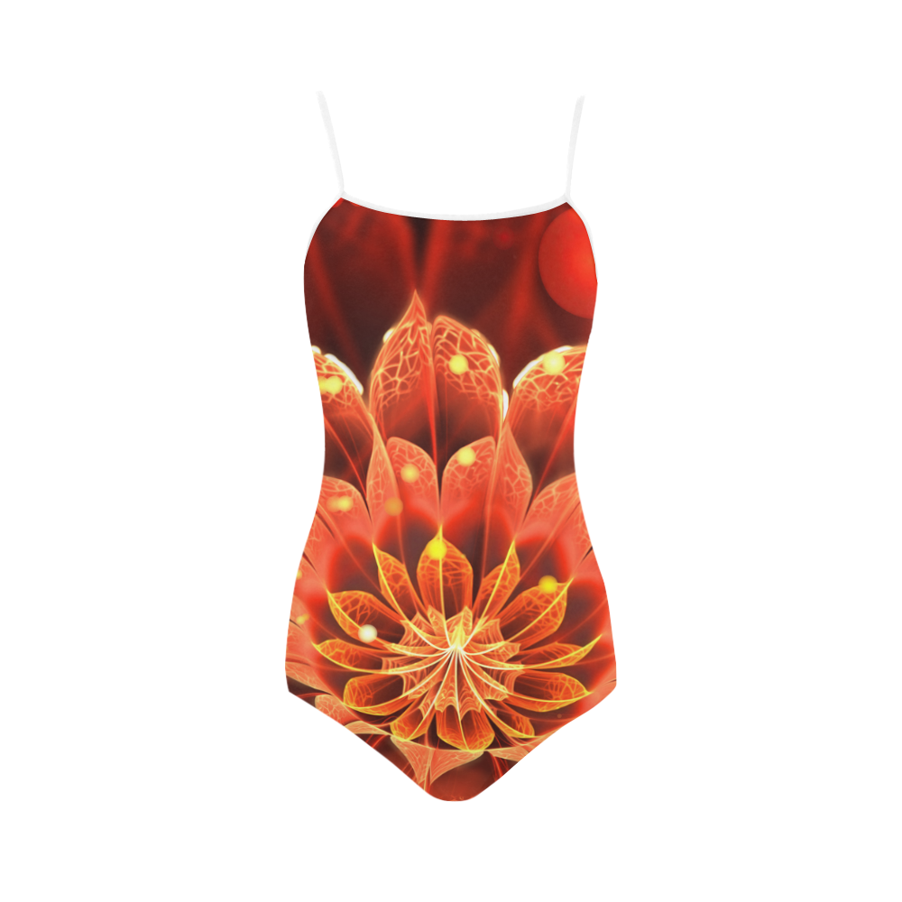 (White String) Red Dahlia Fractal Flower with Beautiful Bokeh Strap Swimsuit ( Model S05)