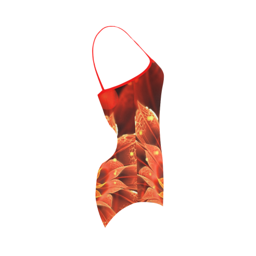 (Red String) Red Dahlia Fractal Flower with Beautiful Bokeh Strap Swimsuit ( Model S05)