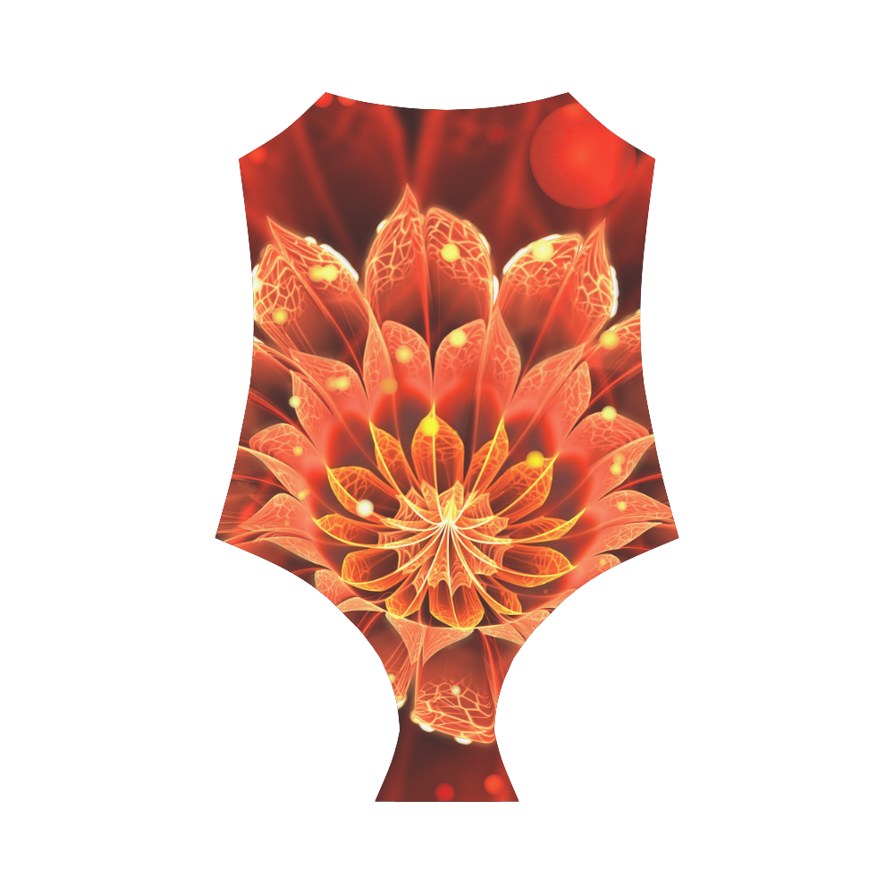 (White String) Red Dahlia Fractal Flower with Beautiful Bokeh Strap Swimsuit ( Model S05)