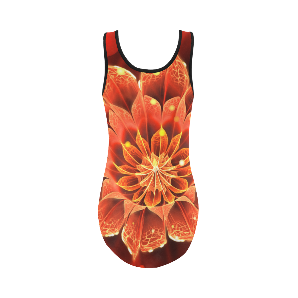 (Black String) Red Dahlia Fractal Flower with Beautiful Bokeh Vest One Piece Swimsuit (Model S04)