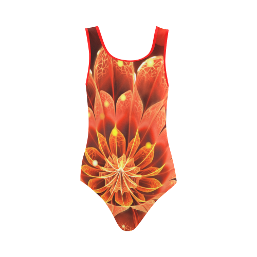 (Red String) Red Dahlia Fractal Flower with Beautiful Bokeh Vest One Piece Swimsuit (Model S04)