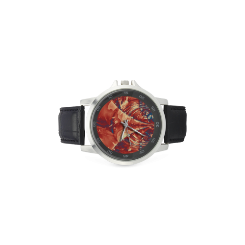 Abstract Fractal Painting - dark red blue beige Unisex Stainless Steel Leather Strap Watch(Model 202)