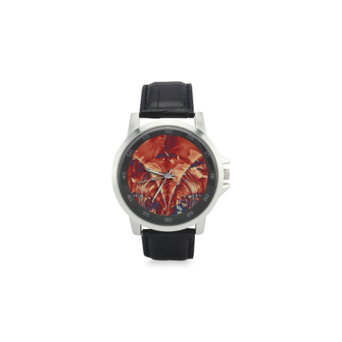 Abstract Fractal Painting - dark red blue beige Unisex Stainless Steel Leather Strap Watch(Model 202)