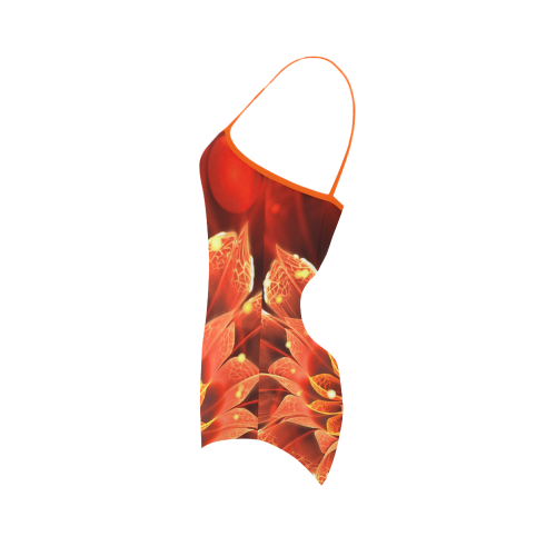 (Orange String) Red Dahlia Fractal Flower with Beautiful Bokeh Strap Swimsuit ( Model S05)