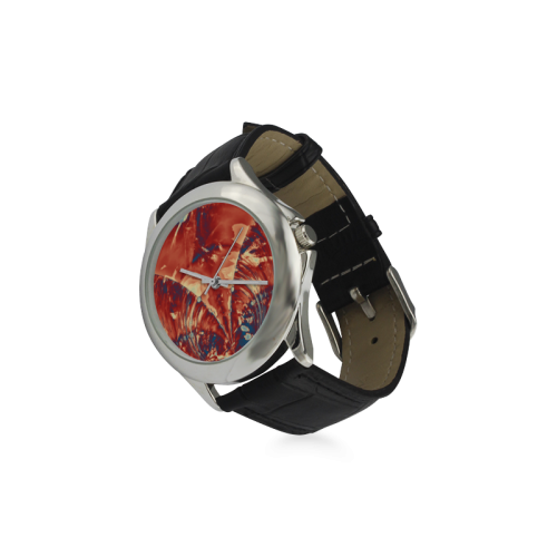Abstract Fractal Painting - dark red blue beige Women's Classic Leather Strap Watch(Model 203)