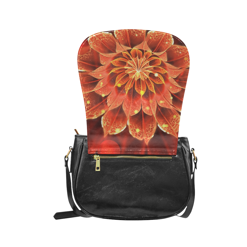 (Black Leather) Red Dahlia Fractal Flower with Beautiful Bokeh Classic Saddle Bag/Small (Model 1648)