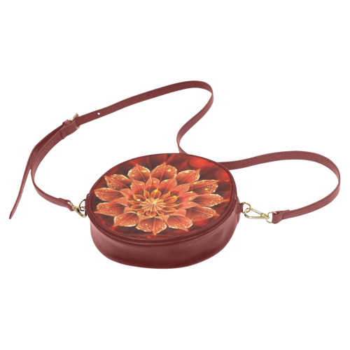 (Red Leather) Red Dahlia Fractal Flower with Beautiful Bokeh Round Sling Bag (Model 1647)