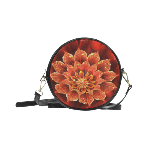 (Black Leather) Red Dahlia Fractal Flower with Beautiful Bokeh Round Sling Bag (Model 1647)