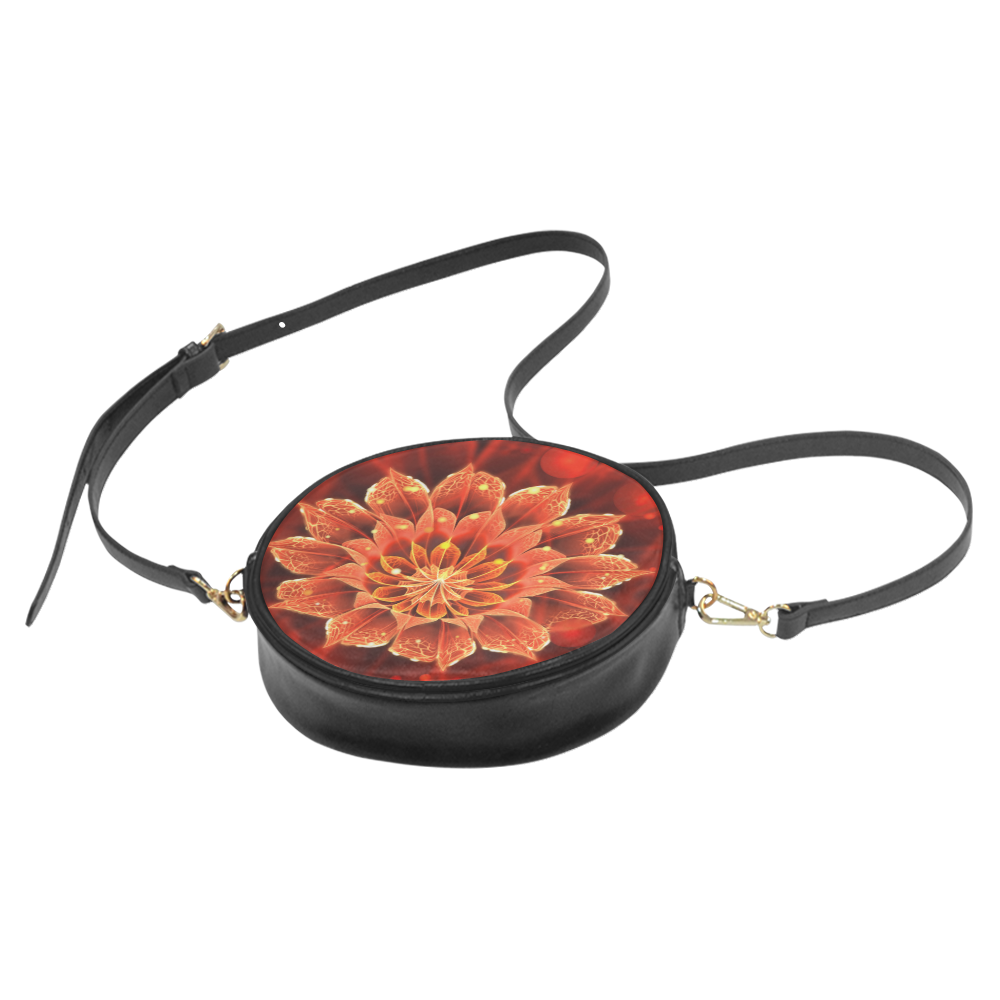 (Black Leather) Red Dahlia Fractal Flower with Beautiful Bokeh Round Sling Bag (Model 1647)