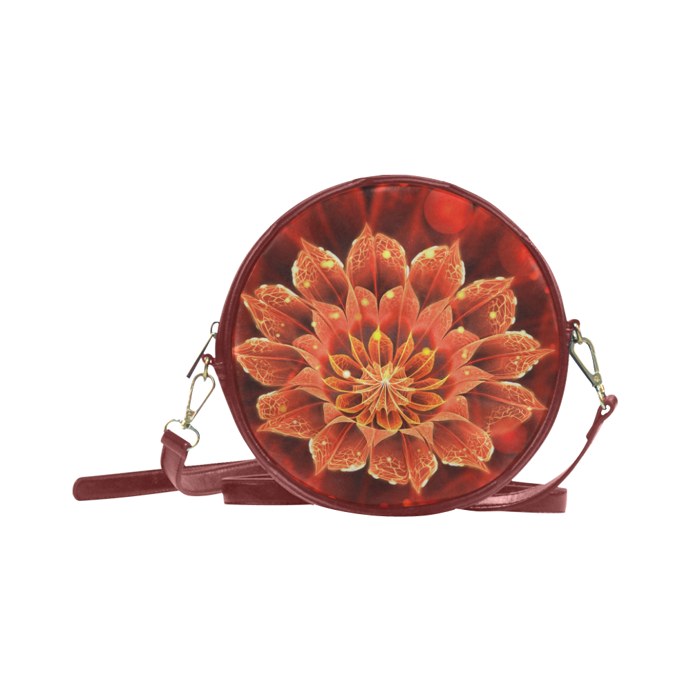(Red Leather) Red Dahlia Fractal Flower with Beautiful Bokeh Round Sling Bag (Model 1647)