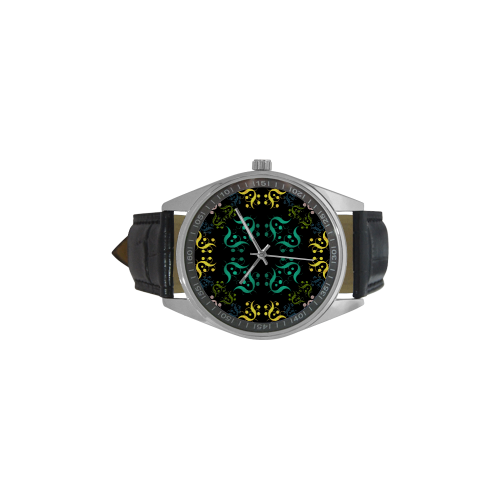 Metallic Green, Yellow, Pink & Blue Abstract Men's Casual Leather Strap Watch(Model 211)