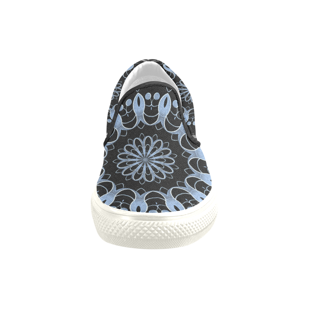 Metallic Silver & Blue Flourishes Mandala Women's Unusual Slip-on Canvas Shoes (Model 019)