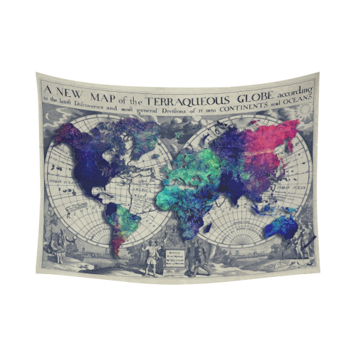 world map 22 Cotton Linen Wall Tapestry 80"x 60"