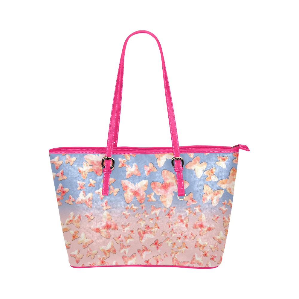 Pink Butterflies Leather Tote Bag/Small (Model 1651)