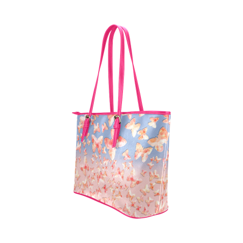 Pink Butterflies Leather Tote Bag/Small (Model 1651)