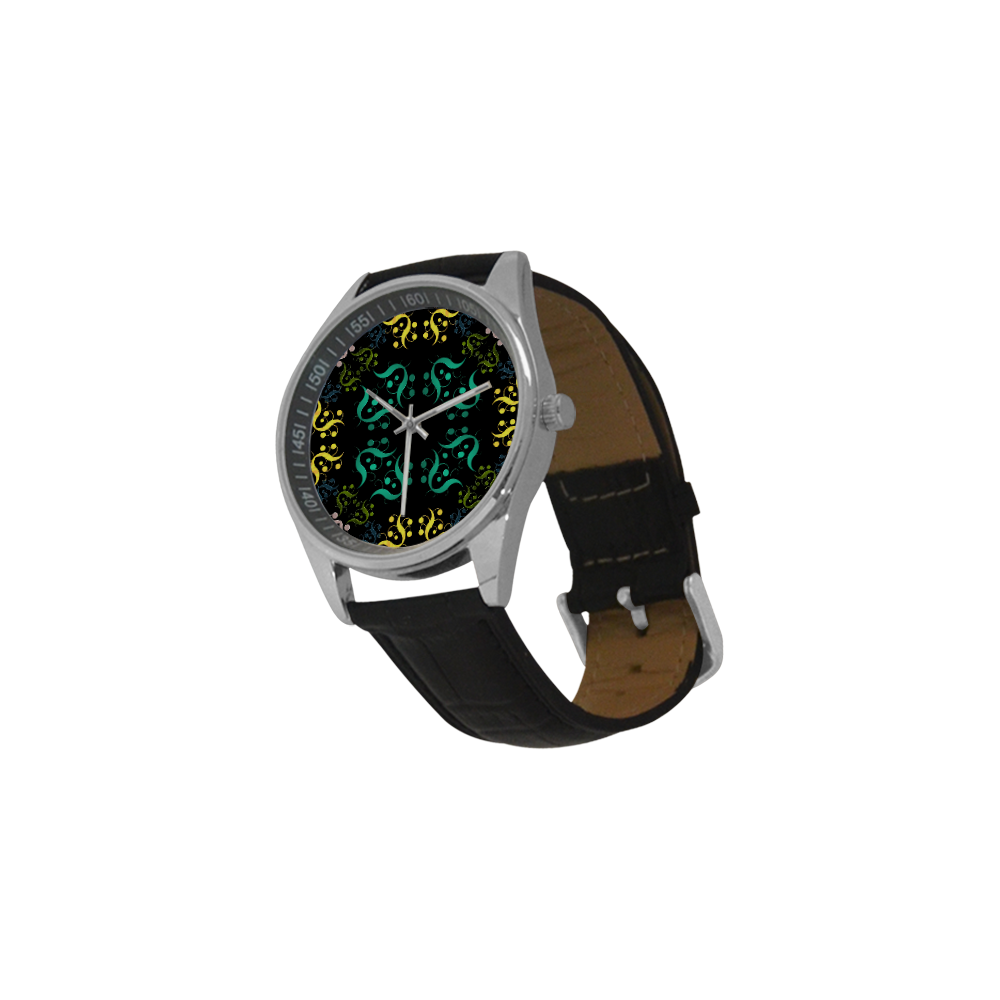 Metallic Green, Yellow, Pink & Blue Abstract Men's Casual Leather Strap Watch(Model 211)