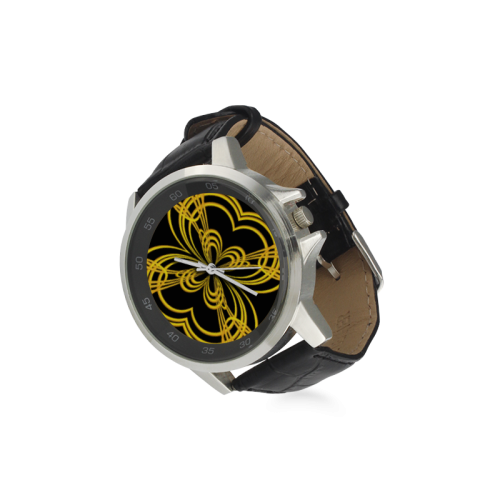 Metallic Gold on Black Abstract Warp Unisex Stainless Steel Leather Strap Watch(Model 202)