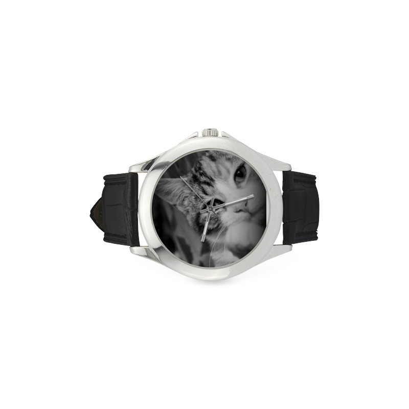 "Classic Cat in Black and White" watch Women's Classic Leather Strap Watch(Model 203)