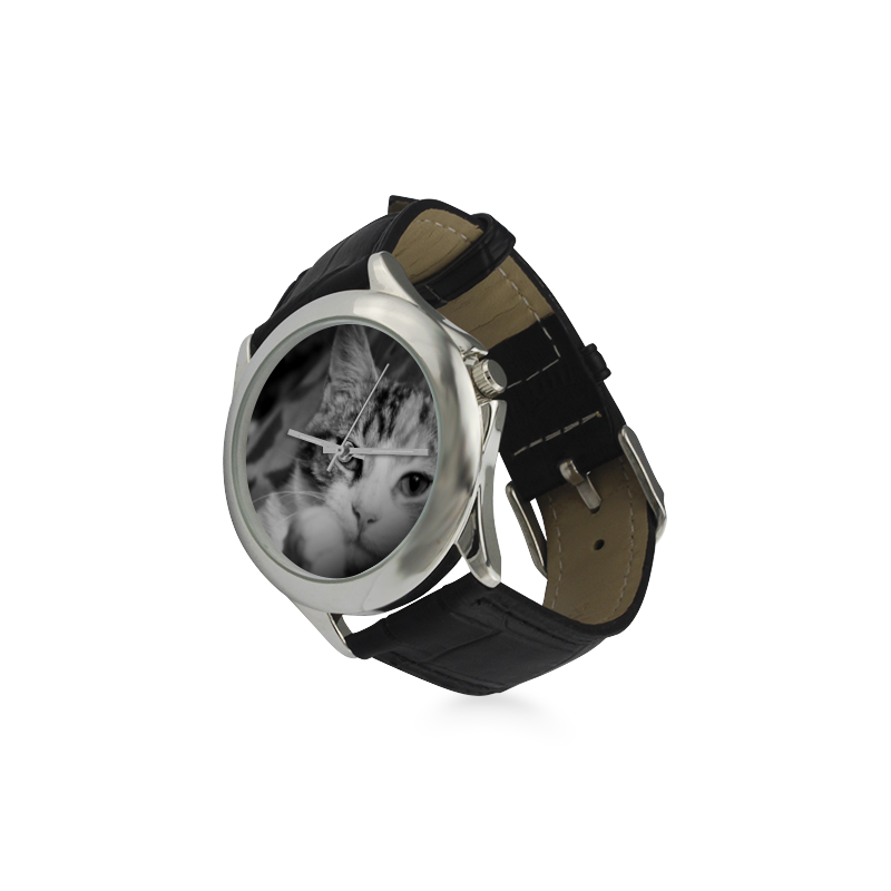 "Classic Cat in Black and White" watch Women's Classic Leather Strap Watch(Model 203)