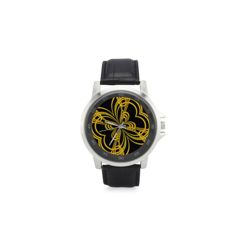 Metallic Gold on Black Abstract Warp Unisex Stainless Steel Leather Strap Watch(Model 202)