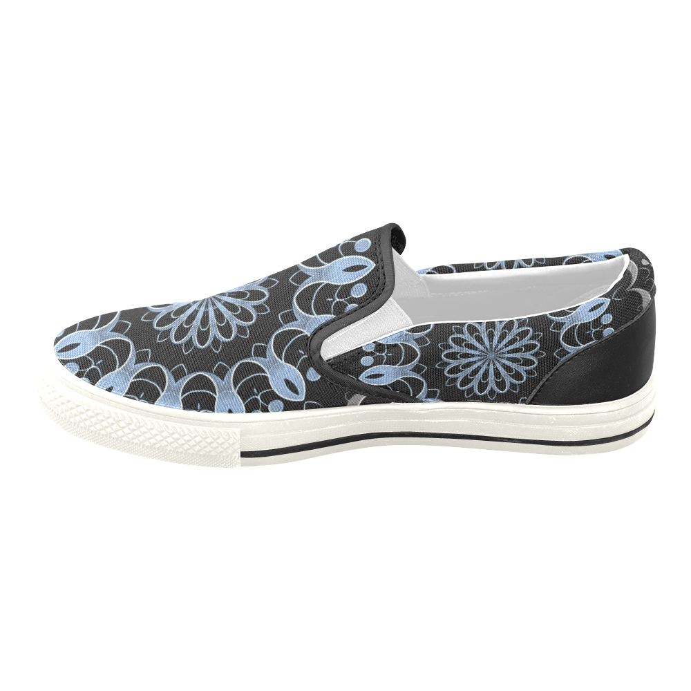 Metallic Silver & Blue Flourishes Mandala Women's Unusual Slip-on Canvas Shoes (Model 019)