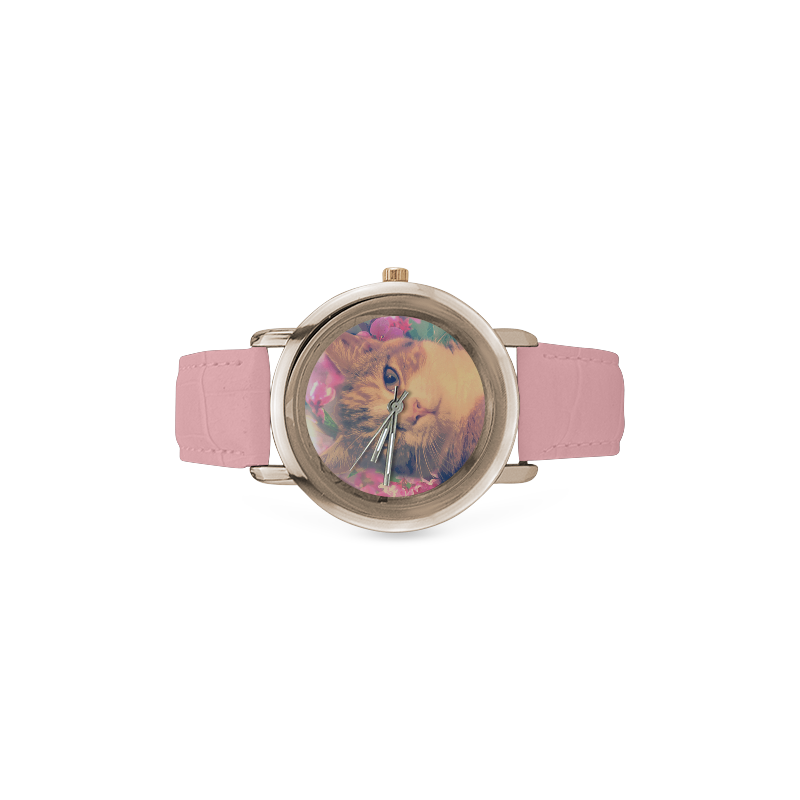 "Vintage Kitty in Bloom" Women's Rose & Gold Watch Women's Rose Gold Leather Strap Watch(Model 201)