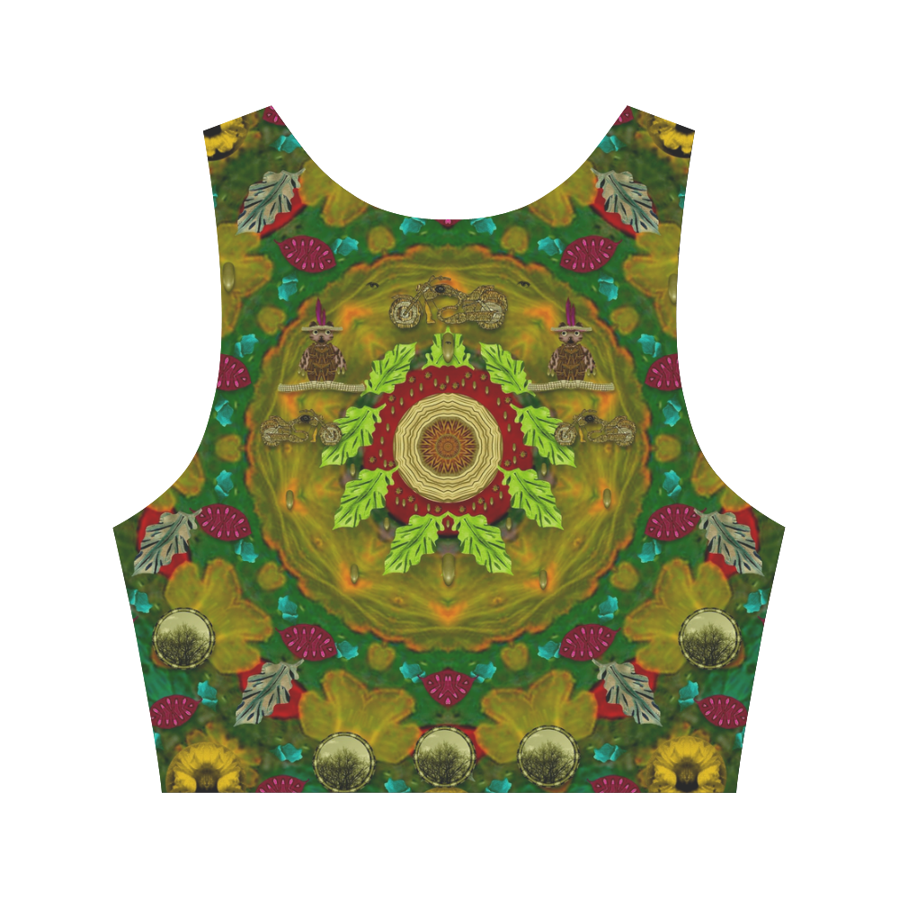 Panda Bears with motorcycles in the mandala forest Women's Crop Top (Model T42)