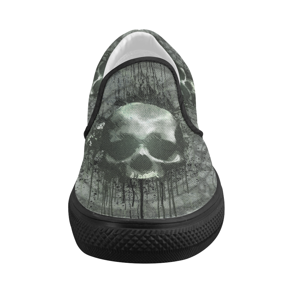 Awesome skull with bones and grunge Women's Slip-on Canvas Shoes (Model 019)