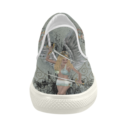 The angel with swords and wings Women's Slip-on Canvas Shoes (Model 019)