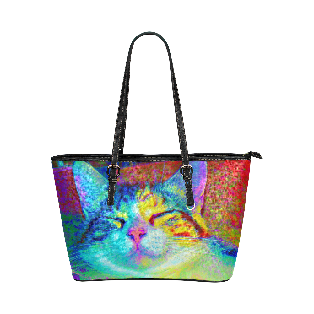 "Kitty Nirvana Pop" Large Leather Tote Leather Tote Bag/Large (Model 1651)