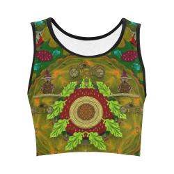 Panda Bears with motorcycles in the mandala forest Women's Crop Top (Model T42)