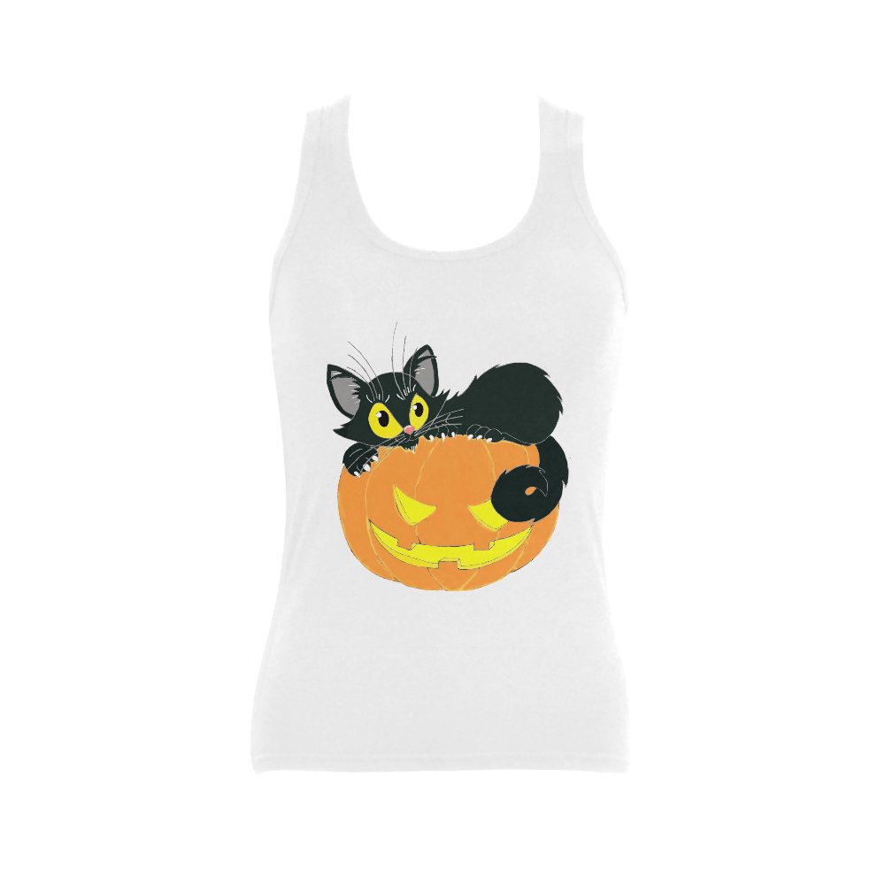 Halloween Black Cat And Pumpkin Women's Shoulder-Free Tank Top (Model T35)
