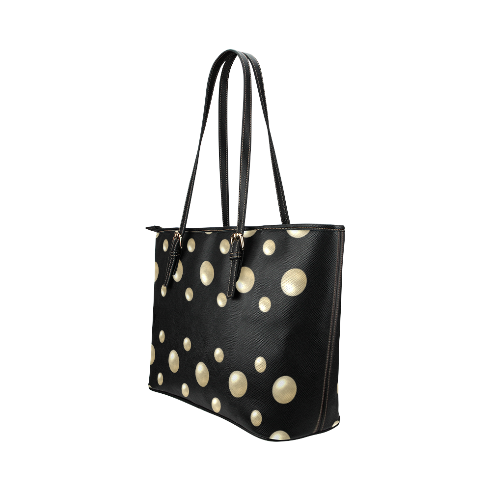 Pearls on a Midnight Black Background Leather Tote Bag/Large (Model 1651)