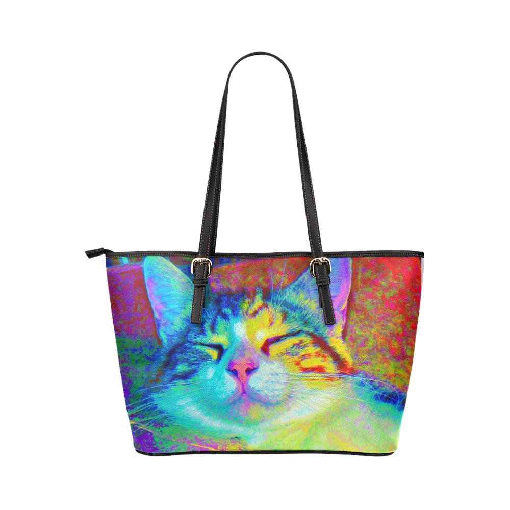"Kitty Nirvana Pop" Large Leather Tote Leather Tote Bag/Large (Model 1651)