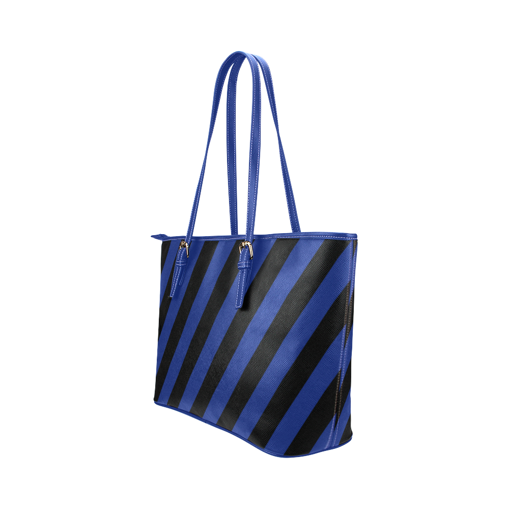 Modern Trendy Blue Black Stripes Leather Tote Bag/Small (Model 1651)