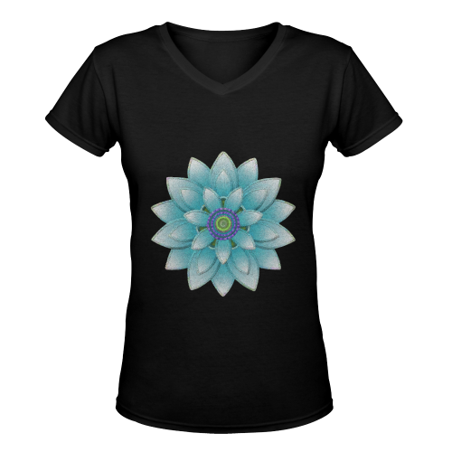 Turquoise Lotus on black Women's Deep V-neck T-shirt (Model T19)