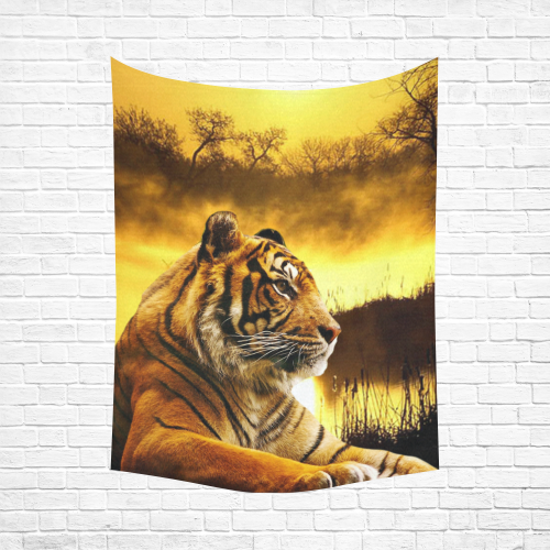 Tiger and Sunset Cotton Linen Wall Tapestry 60"x 80"